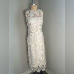 Shoshanna Midnight Cream Floral Lace Midi Dress